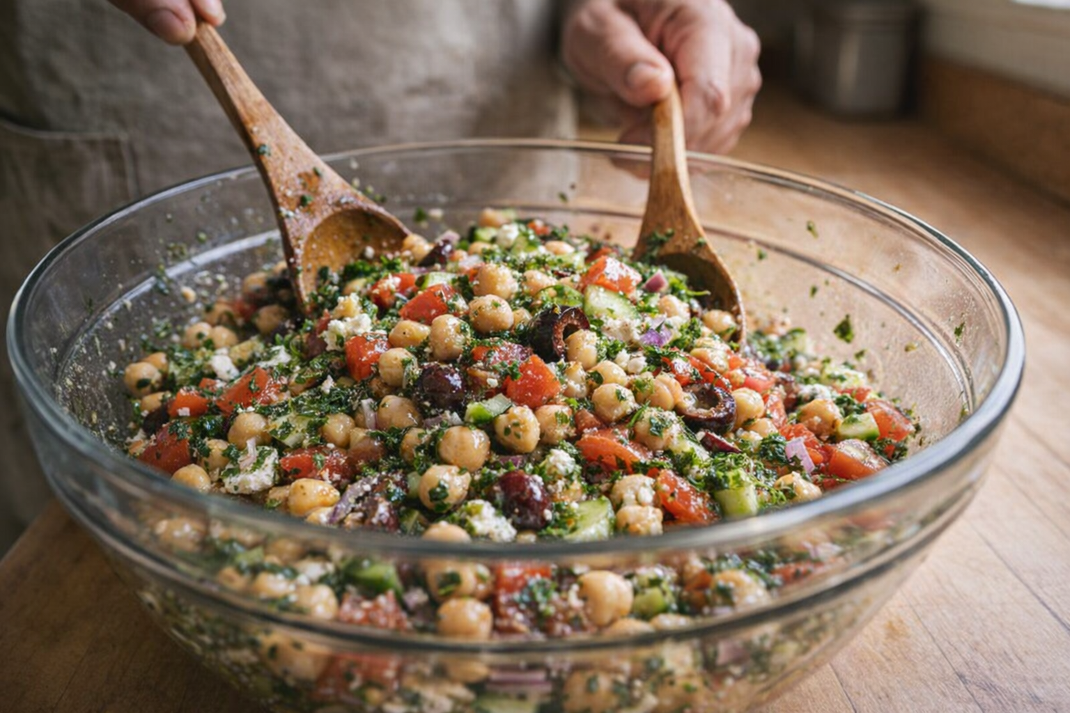 A medium shot of a Mediterranean Chickpea Salad being tossed in a large glass bowl, olive oil glistening, herbs visible, natural light, focus on the mixing process